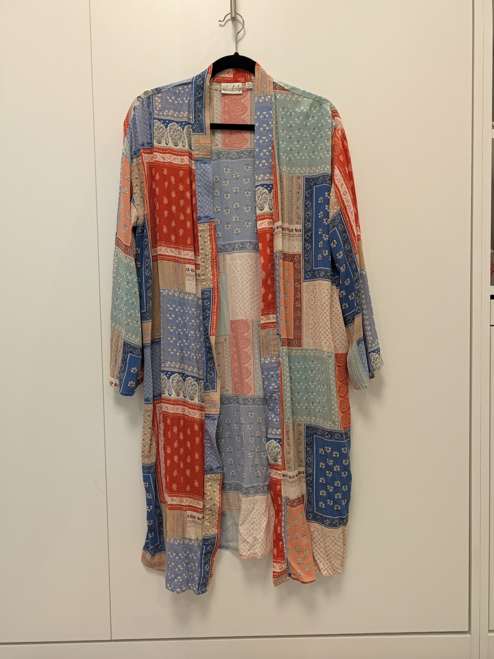 Wonderly Patchwork Open-Front Kimono - Blue/Red/Cream